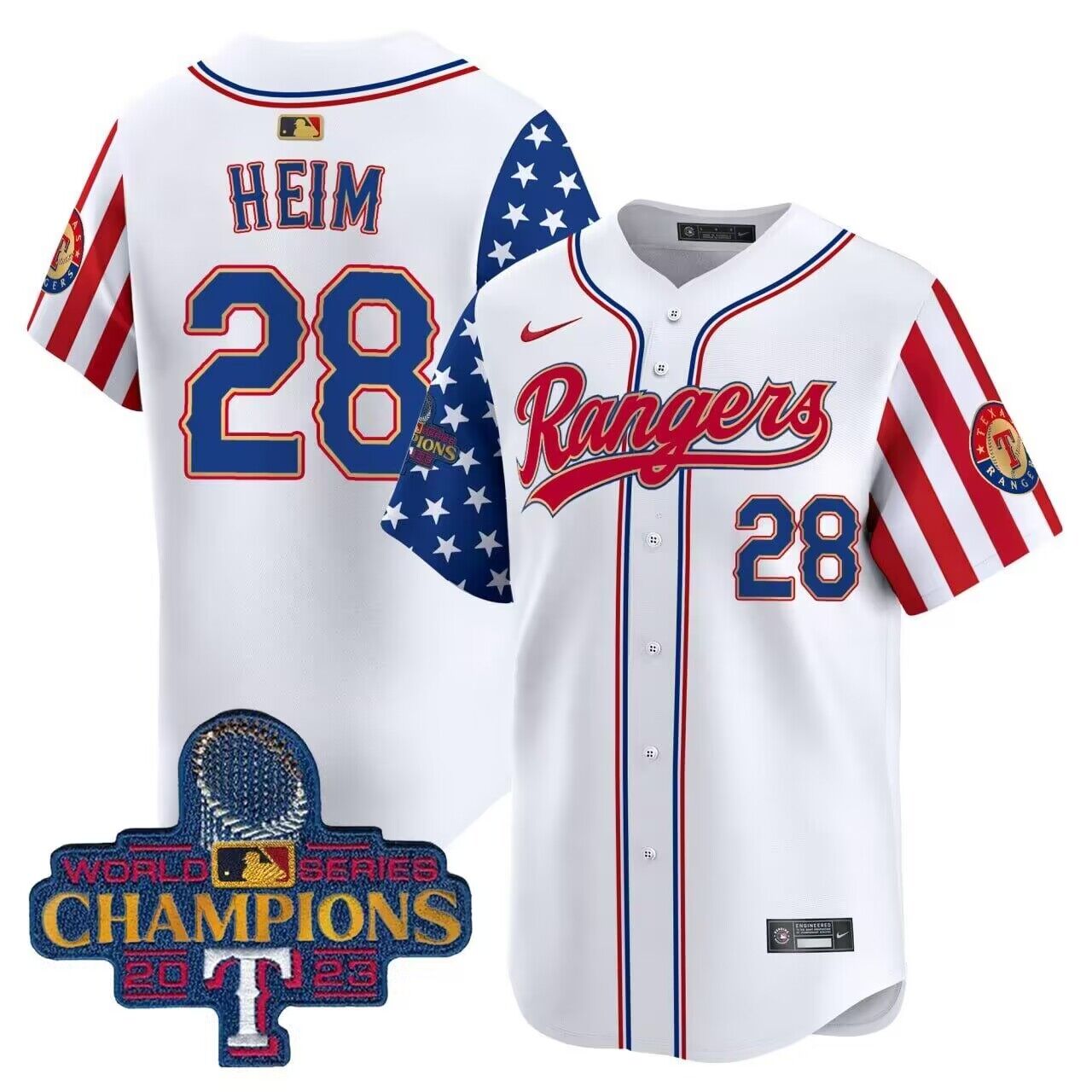 Men MLB Texas Rangers #28 Heim white 2023 world series champions stitched jerseys